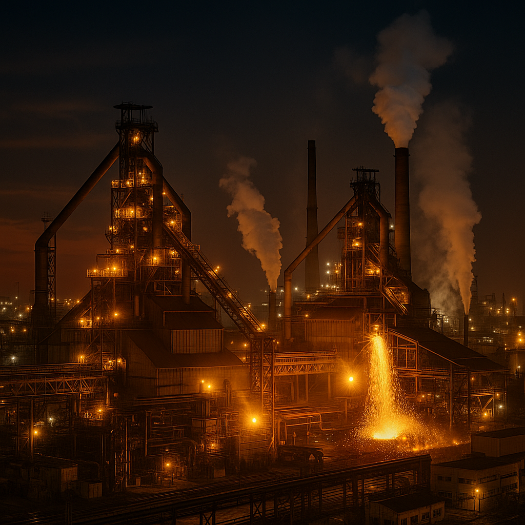 제철소 야경, 불꽃 튀는 제강 현장