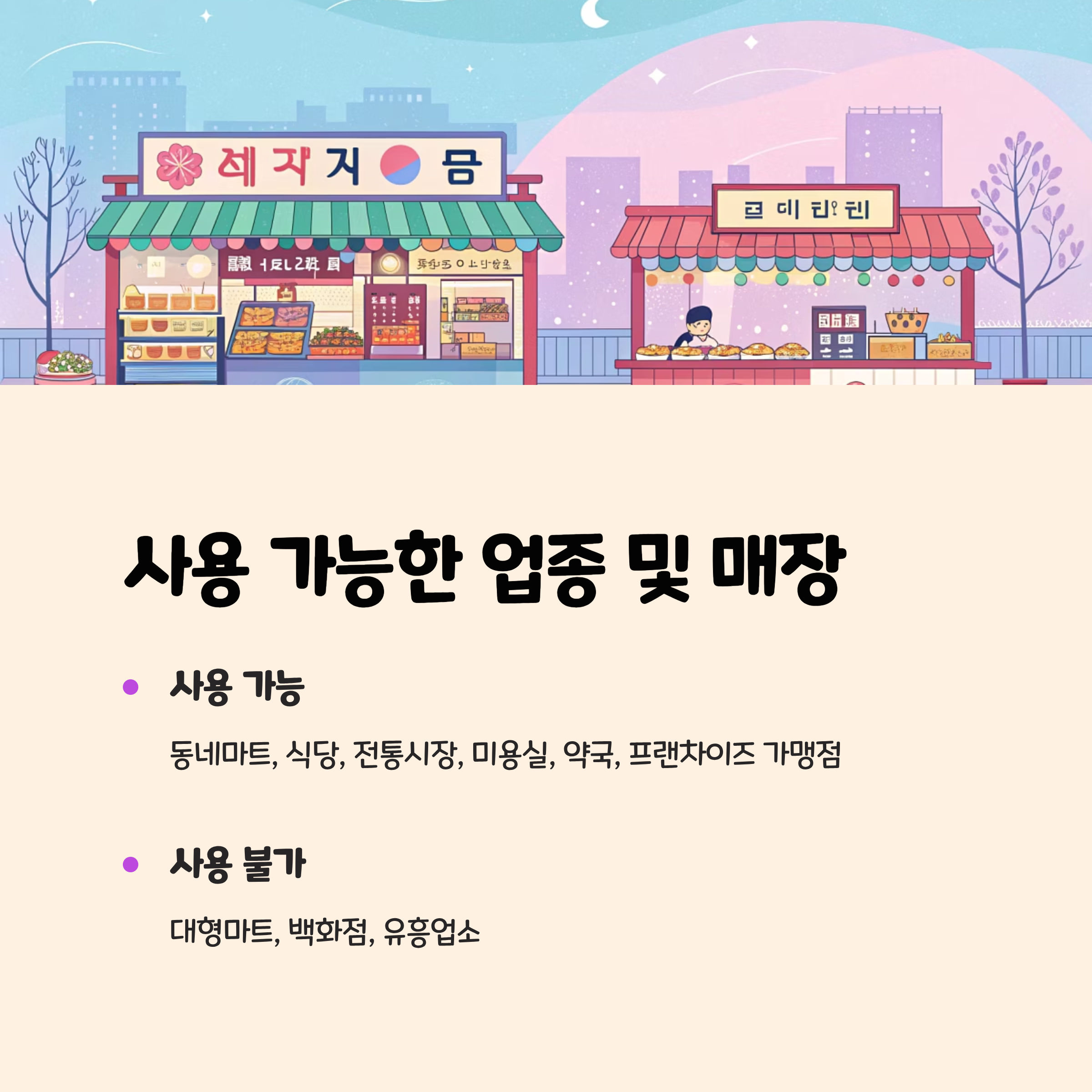 사용 가능한 업종 및 매장 유형