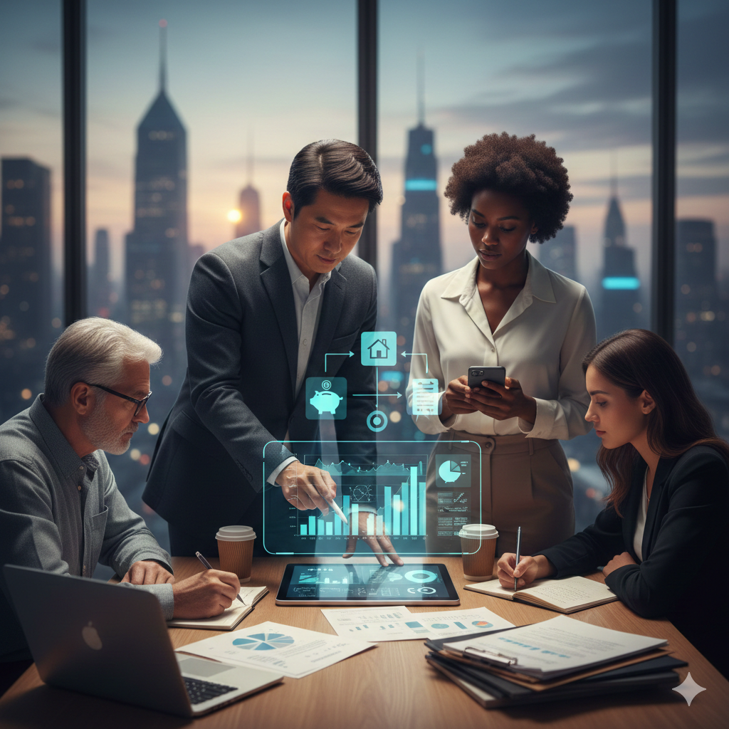 비즈니스 팀이 도시 전망 사무실에서 홀로그램 차트와 저축&middot;투자 그래프를 보며 2026년 재정 전략을 논의하는 전문적인 장면