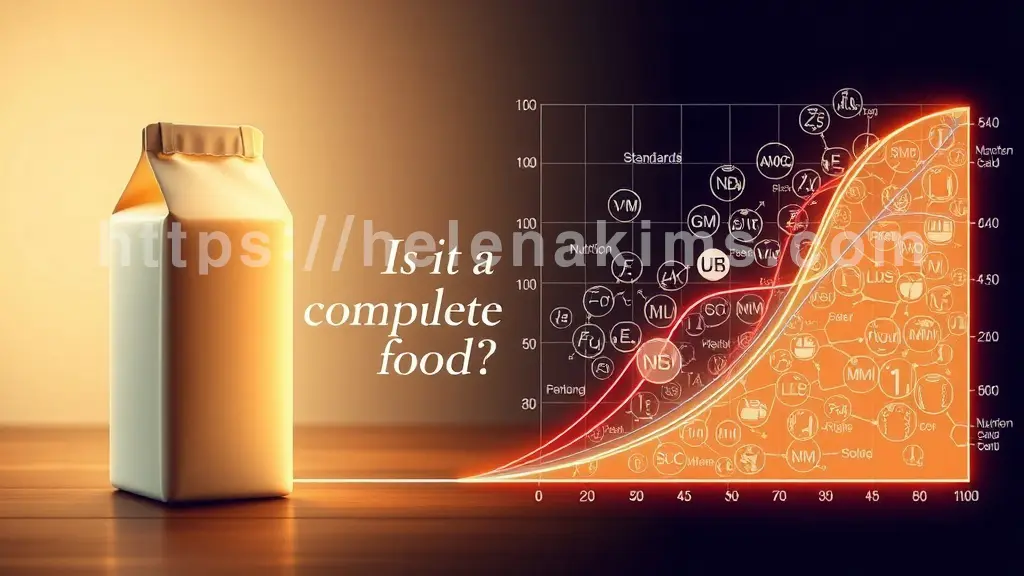 왼쪽에는 부드러운 빛을 받는 우유팩이나 우유잔이 "완전식품?"이라는 질문과 함께 대중적 인식을 상징한다. 오른쪽에는 복잡하게 얽힌 영양소 심볼과 엄격한 기준을 나타내는 과학적 그래프가 배치되어 있는 이미지.