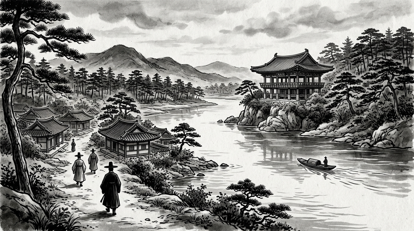 고려 시대 진주(晋州) 남강변 일대의 전경