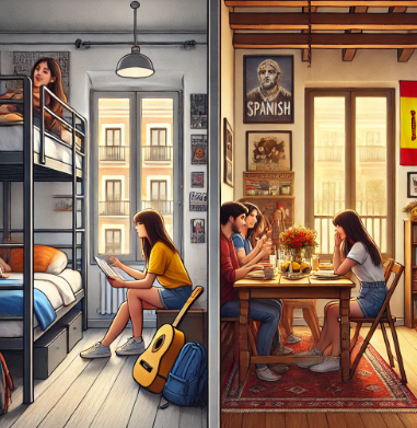스페인에서 여자가 기숙사 생활과 홈스테이 생활하는 모습의 비교사진