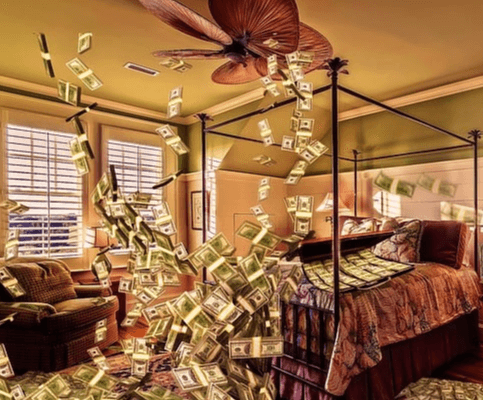 방안 가득 쌓인 달러 지폐들이 위에 매달린 선풍기 바람에 회오리처럼 날리는 모습이다.
