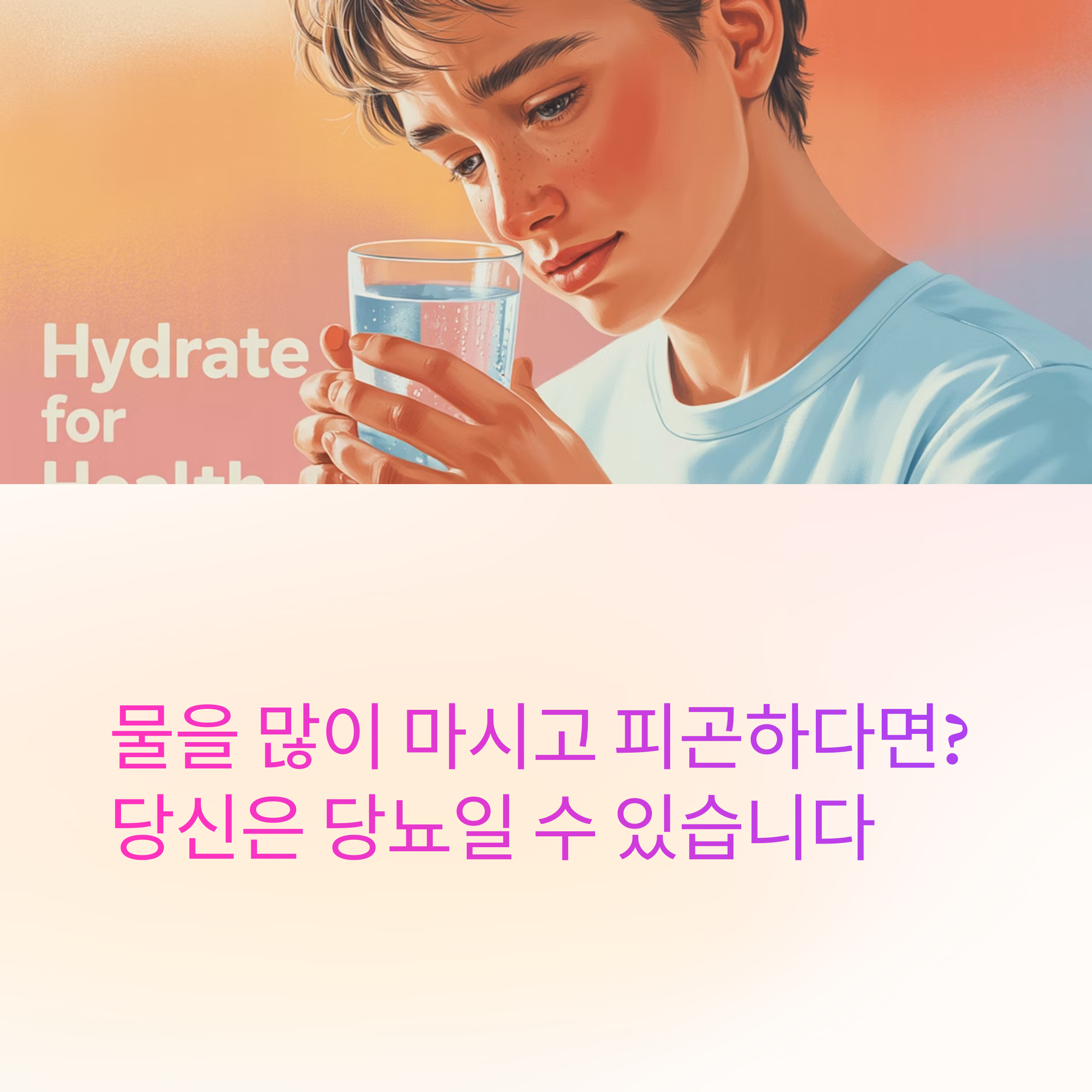 수분 섭취의 중요성을 강조하는 이미지로, 'Hydrate for Health'라는 문구와 함께 물을 마시는 모습이 담겨 있음