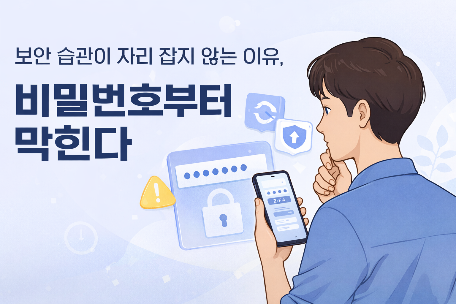 남성이 스마트폰 화면을 바라보며 비밀번호 변경을 망설이는 장면의 플랫 일러스트 썸네일