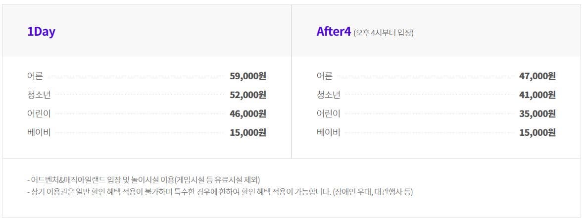롯데월드 자유이용권(파크이용권) 요금
