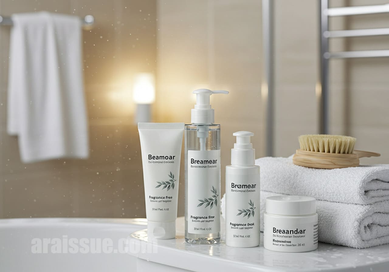 세라마이드 기반의 무향 보습제가 샤워 수건 옆에 놓여 있고, 부드러운 조명이 켜진 욕실 모습. 아토피에 적합한 제품 사용 환경을 나타냄