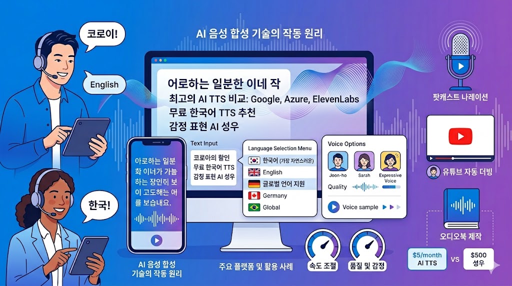"2026년 기준 Google TTS, Azure, ElevenLabs의 AI 음성 합성 기술 비교 정보 그래픽. 한국어 음성 품질 및 자연스러움, 감정 표현, 가격, 그리고 유튜브, 팟캐스트, 오디오북 등 실무 활용 사례별 추천 TTS 도구 및 수익화 방법 요약."