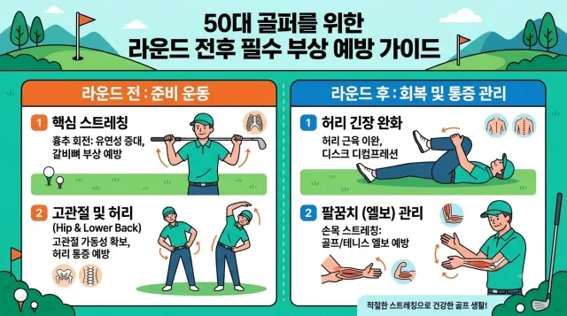 50대 골퍼를 위한 부상 방지 스트레칭과 엘보 예방법 설명 이미지