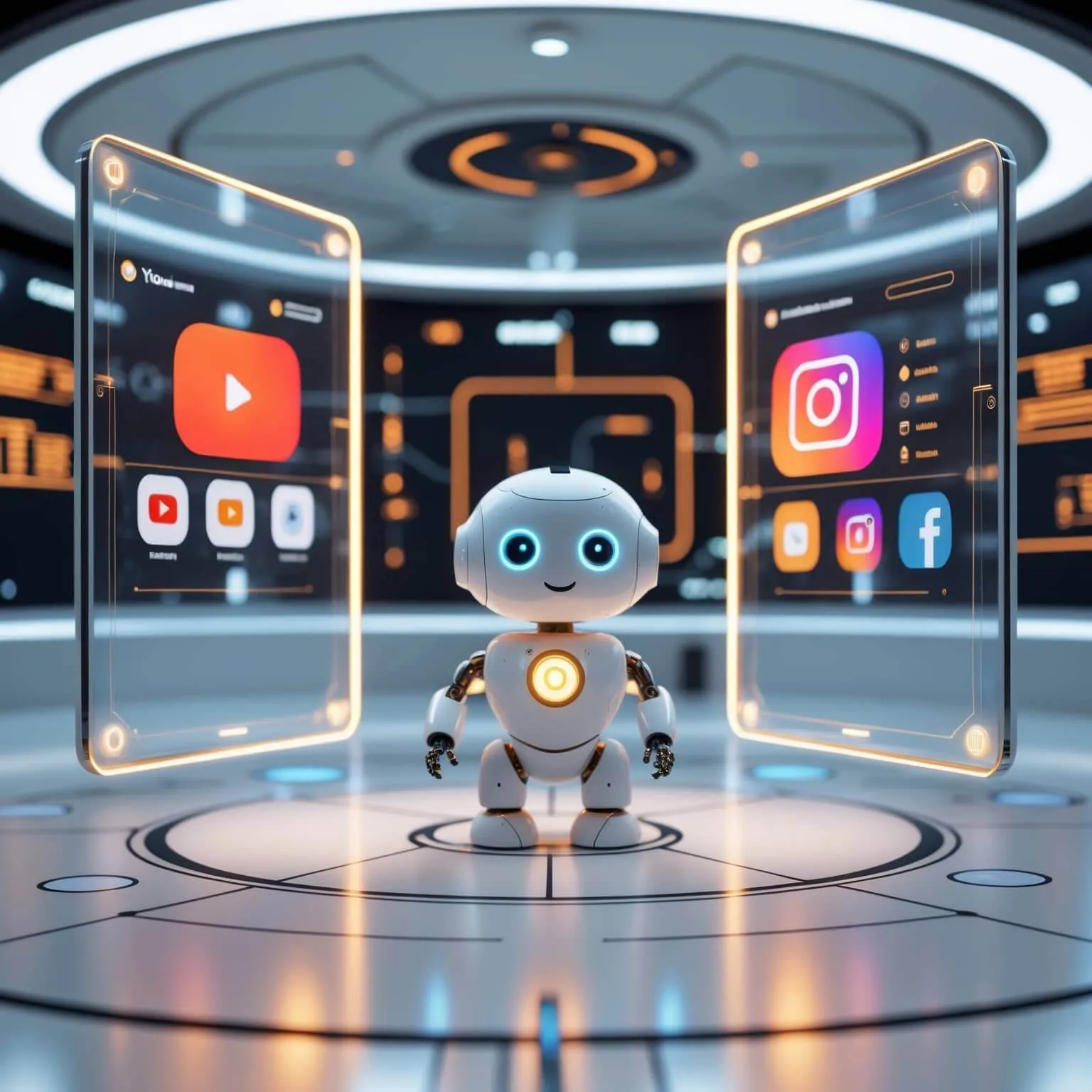 미래적인 작업식에서 투명 스크린 2개를 앞에 놓고 일하는 GPT-5 에이전트의 모습