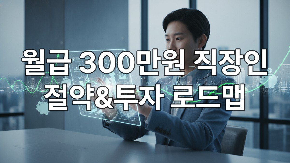 2026년, 월급 300만원 직장인이 투명 태블릿으로 재정 대시보드를 검토하며 생활비를 절약하고 투자 계획을 세우는 모습. 경제적 자유를 향한 희망적인 분위기.