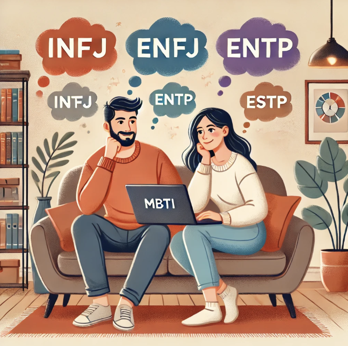 MBTI 궁합을 논의하는 커플의 일러스트