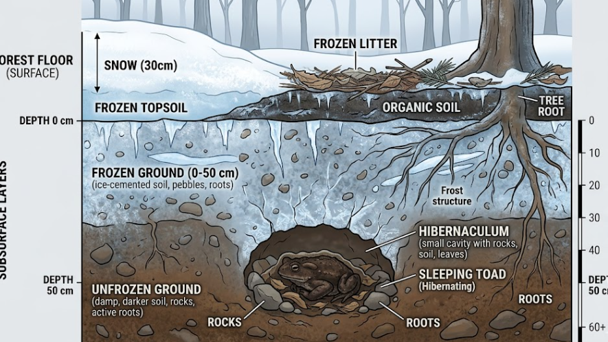 겨울철 두꺼비의 동면 위치를 보여주는 지층 단면도