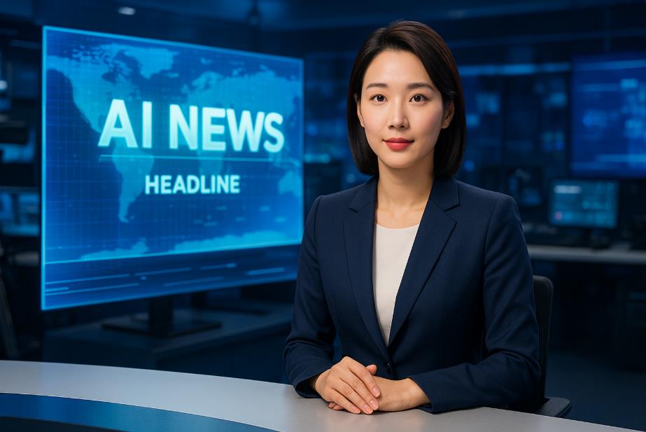 AI 앵커가 뉴스 스튜디오에서 헤드라인을 전하는 장면