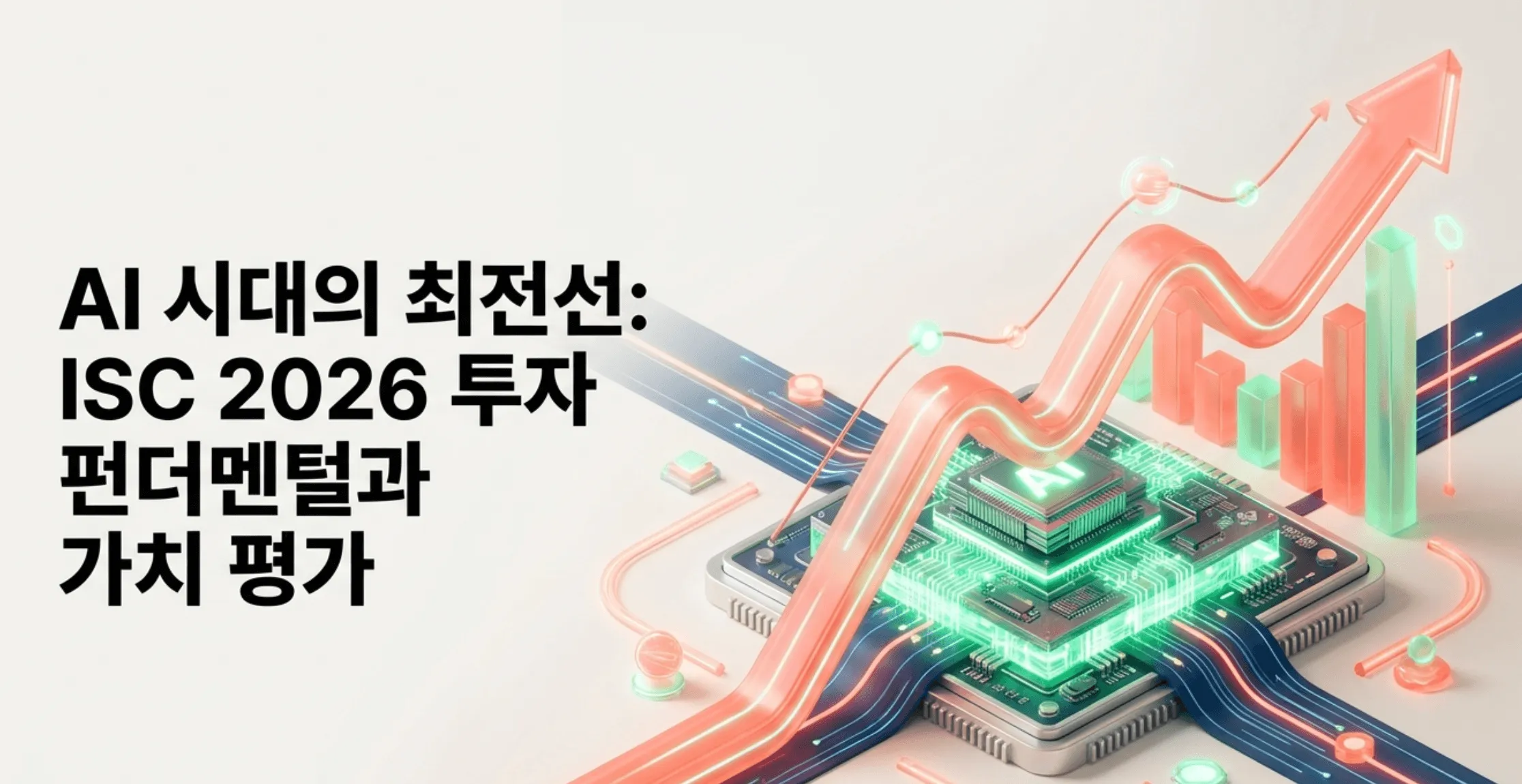ISC 주가 전망 대표 이미지. AI 반도체 칩과 우상향 화살표 그래프로 ISC의 성장 흐름을 표현함. SK하이닉스와 공동개발한 HBM4 실장 테스터 전환, 1분기 영업이익 238퍼센트 급증, 목표주가와 밸류에이션 등 2026년 ISC 펀더멘털과 가치 평가를 다루는 블로그 글의 핵심 내용을 시각적으로 전달함.