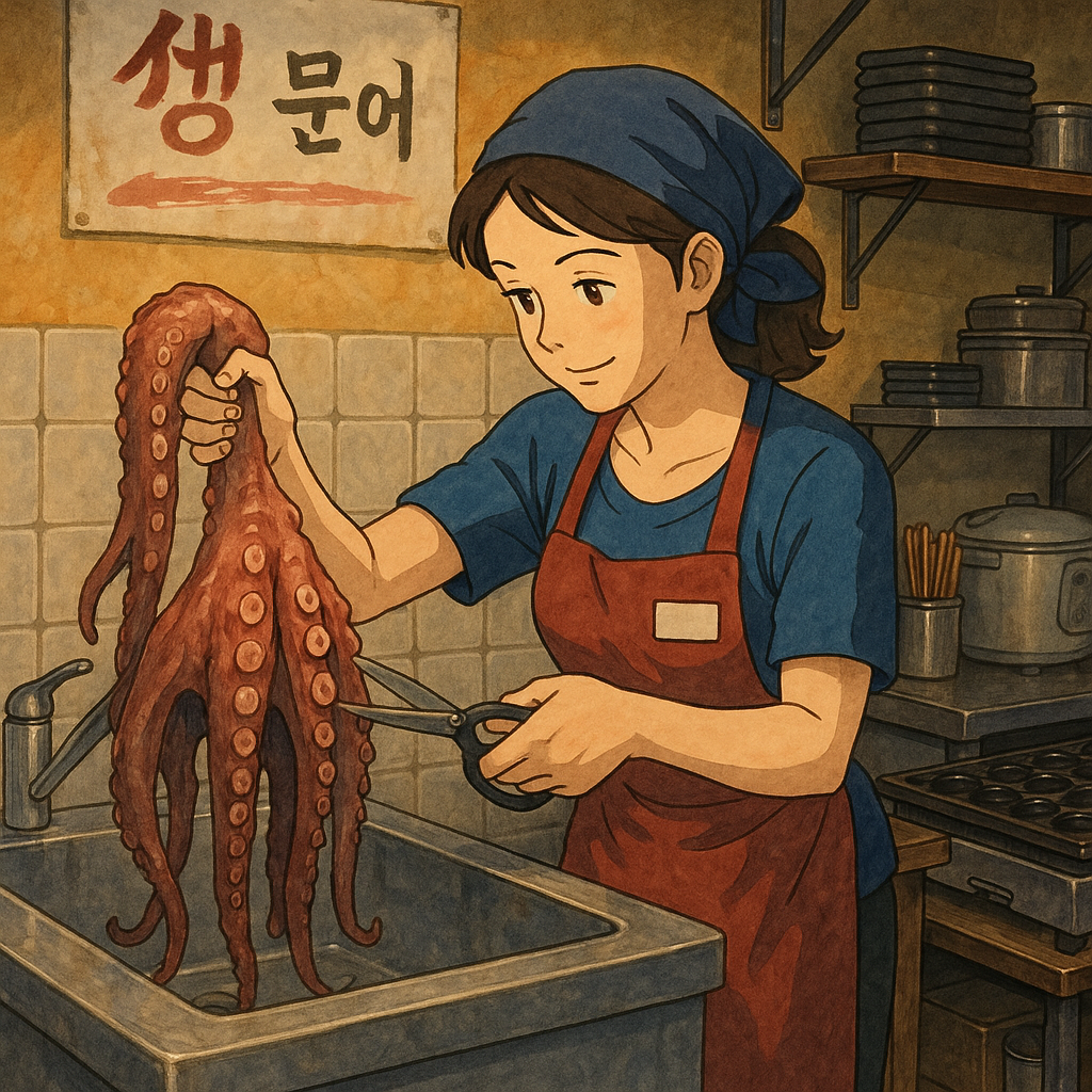 “생문어를 가위로 자르는 타코야끼 주인”
