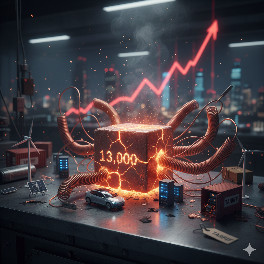 어두운 산업 현장 혹은 실험실 테이블 위에 13,000이라는 숫자가 선명하게 각인된 구리색 정육면체가 놓여 있어요. 이 정육면체 표면은 마치 용암이 흐르듯 붉은 균열이 가 있으며, 사방으로 구리 코일들이 문어 다리처럼 뻗어 나와 있어요. 주변에는 소형 전기차 모델, 데이터 센터 서버 랙, 미니 풍력 발전기, 태양광 패널이 배치되어 구리의 다양한 쓰임새를 나타내요. 배경에는 도시의 야경과 함께 급격하게 상승하는 붉은색 주가 그래프가 허공에 떠 있어 구리 가격의 폭등을 시각화해요.