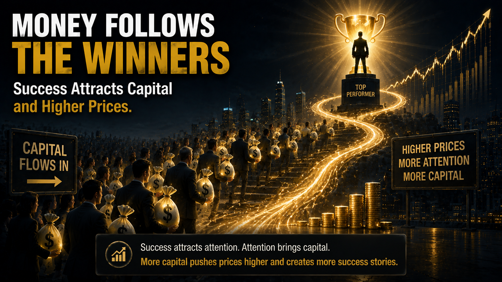 Capital flowing toward winning investments as rising prices attract more money and reinforce market success