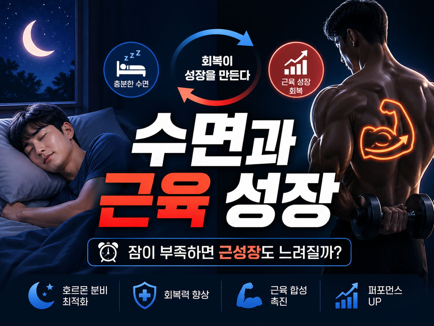 수면과 근육 성장의 관계를 표현한 썸네일 이미지. 왼쪽에는 밤에 잠자는 사람, 오른쪽에는 근력운동을 상징하는 근육과 덤벨이 배치되어 있으며, 충분한 수면과 회복이 근성장에 영향을 준다는 내용을 보여준다.