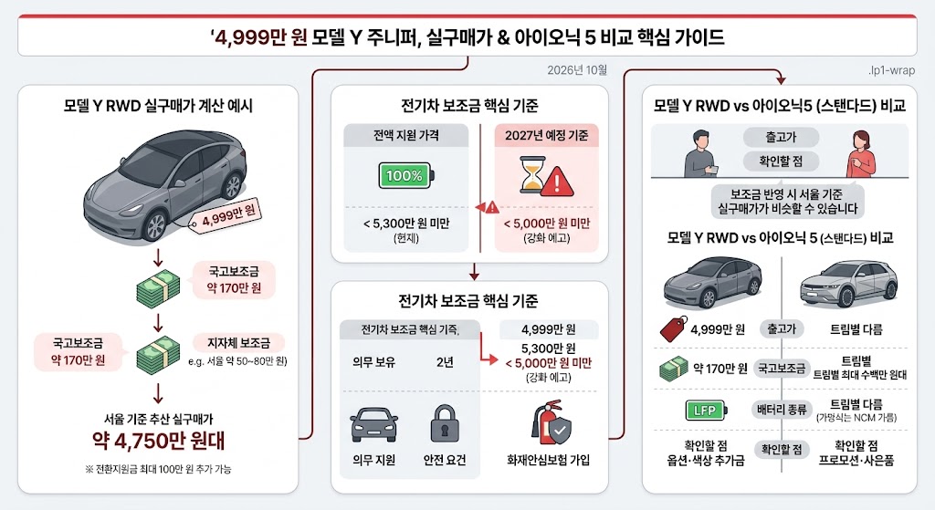2026 테슬라 모델Y 주니퍼 RWD 실구매가 4,999만원, 전기차 보조금 받으면 얼마? 서울&middot;지역별 지원금&middot;아이오닉5 가격 비교 관련사진