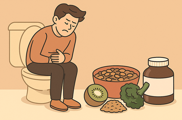 변기 위로 변비로 고통받는 남자가 그려져있습니다. 신선한 음식들도 앞에 놓여 있어요.