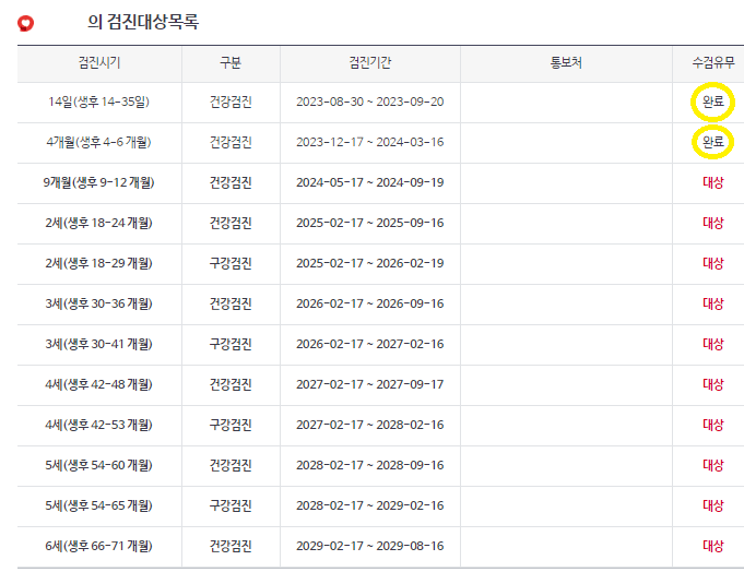 개월별 건강검진 항목