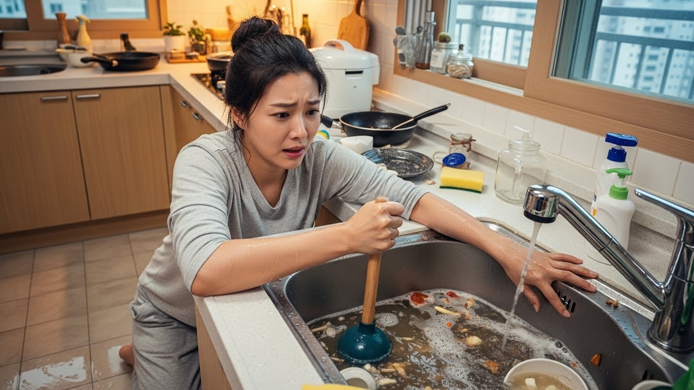 씽크대가 막혀 물이 안내려가서 괴로워하는 여성