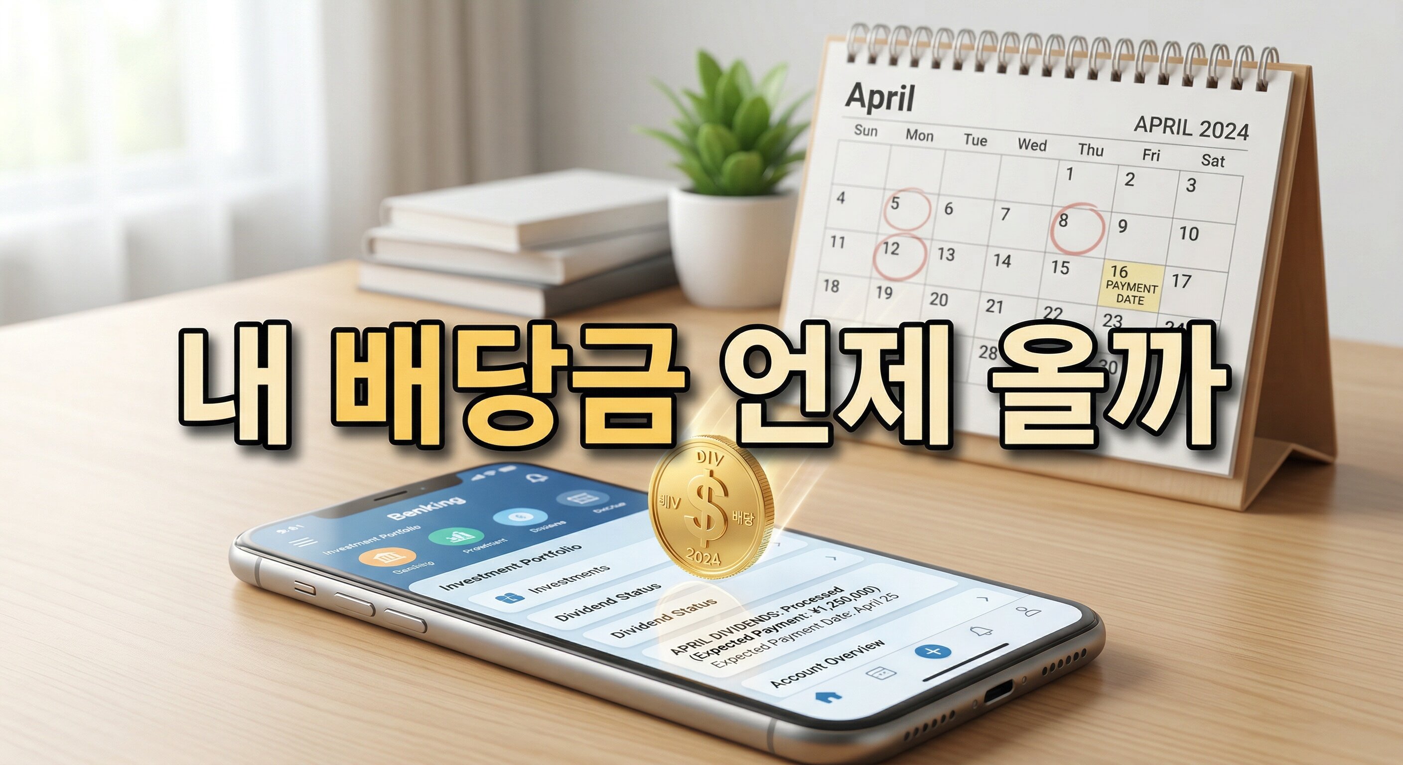 탁상달력 앞 스마트폰 화면으로 금화가 떨어지는 배경에 짙은 그림자와 외곽선으로 선명하게 강조된 '내 배당금 언제 올까'라는 한글 문구가 중앙에 적힌 3D 일러스트