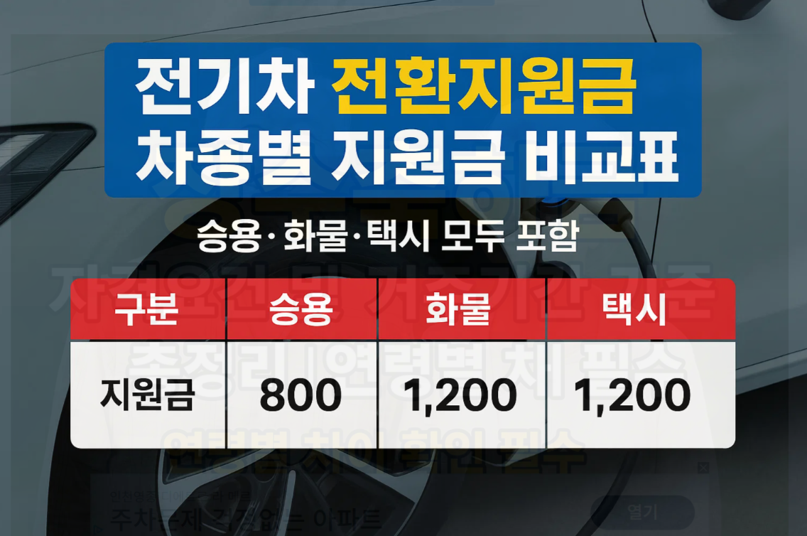 전기차 전환지원금 차종별 지원금 비교표｜승용·화물·택시 모두 포함