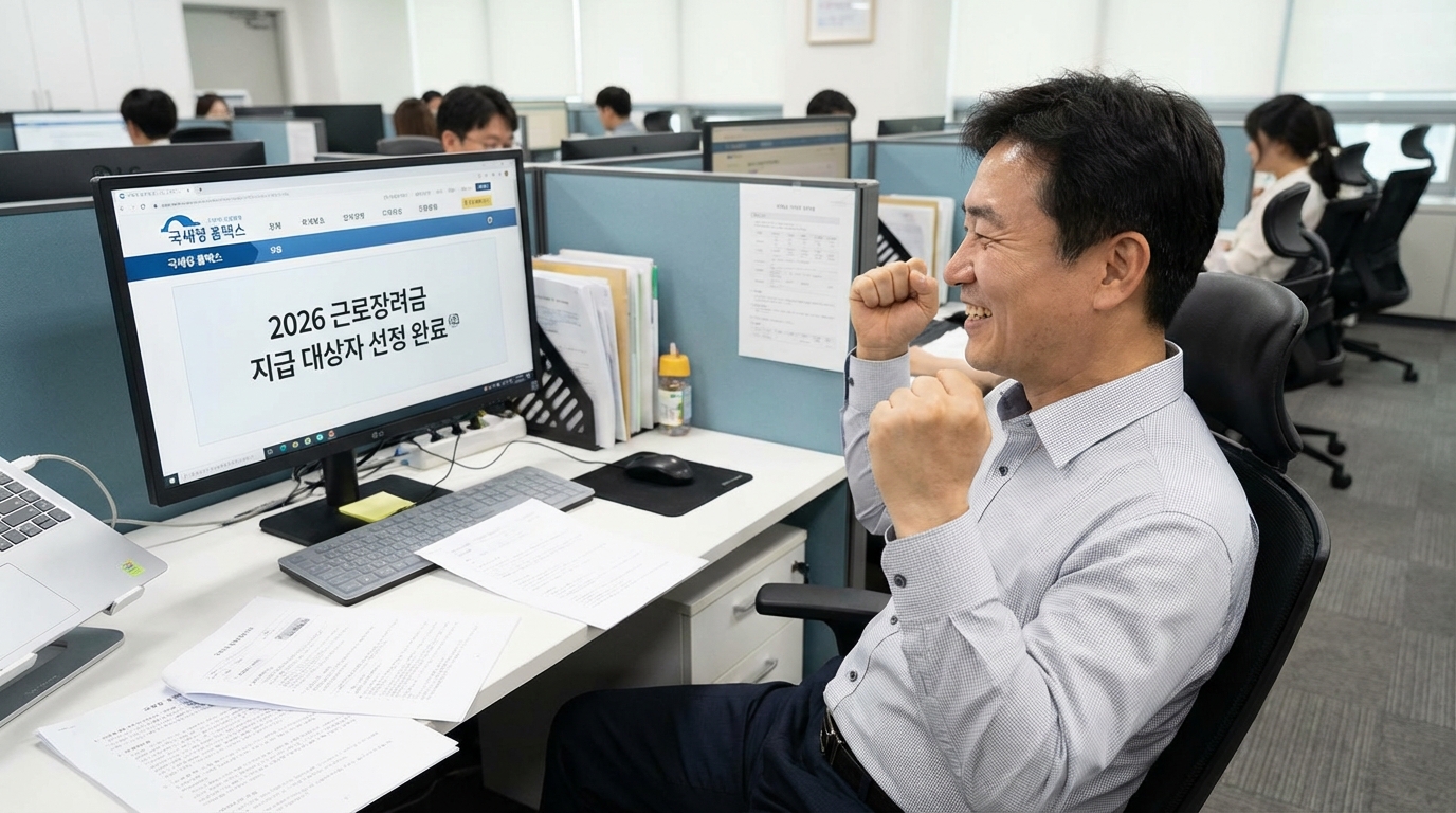 2026년 근로장려금 신청 자격을 확인하고 기뻐하는 한국인 직장인의 모습