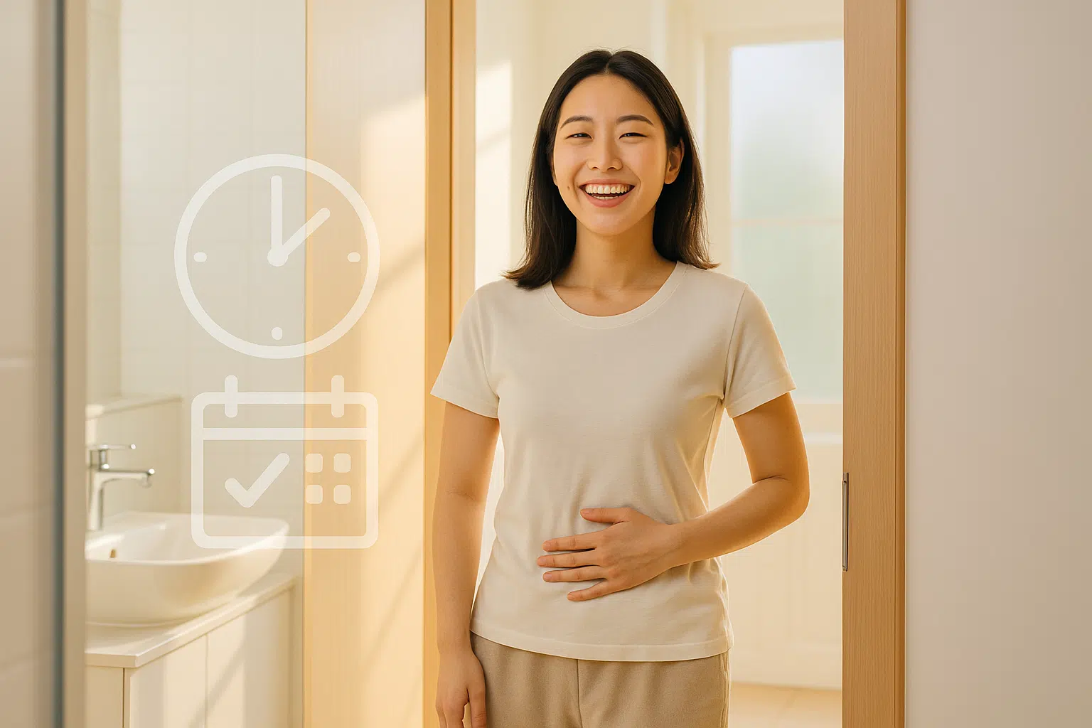 아침에 상쾌하게 화장실을 나오는 사람, 환하게 웃으며 배가 편안해진 모습, 햇살이 들어오는 욕실, 시계와 달력 아이콘이 함께 있는 장 리듬 상징 이미지