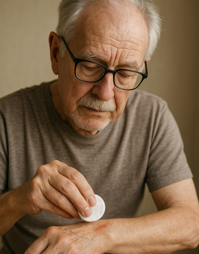 혼자 상처를 소독하고 있는 노인의 모습