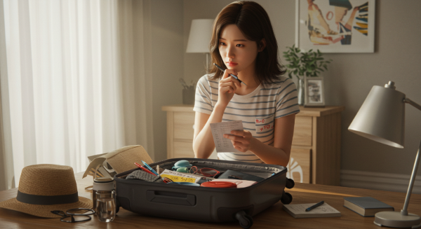 여성이 여행 체크리스트를 보며 캐리어를 확인하는 모습