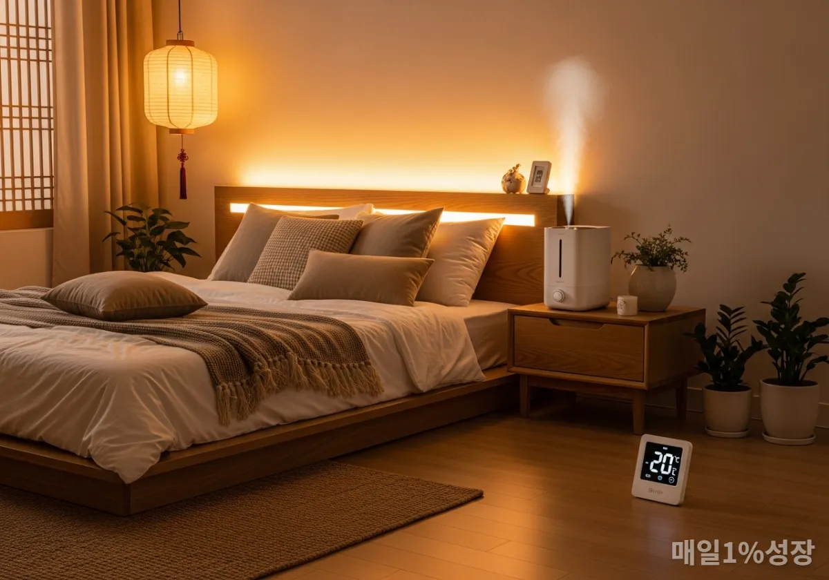 가습기와 온습도계가 있는 아늑한 한국의 겨울철 침실 인테리어