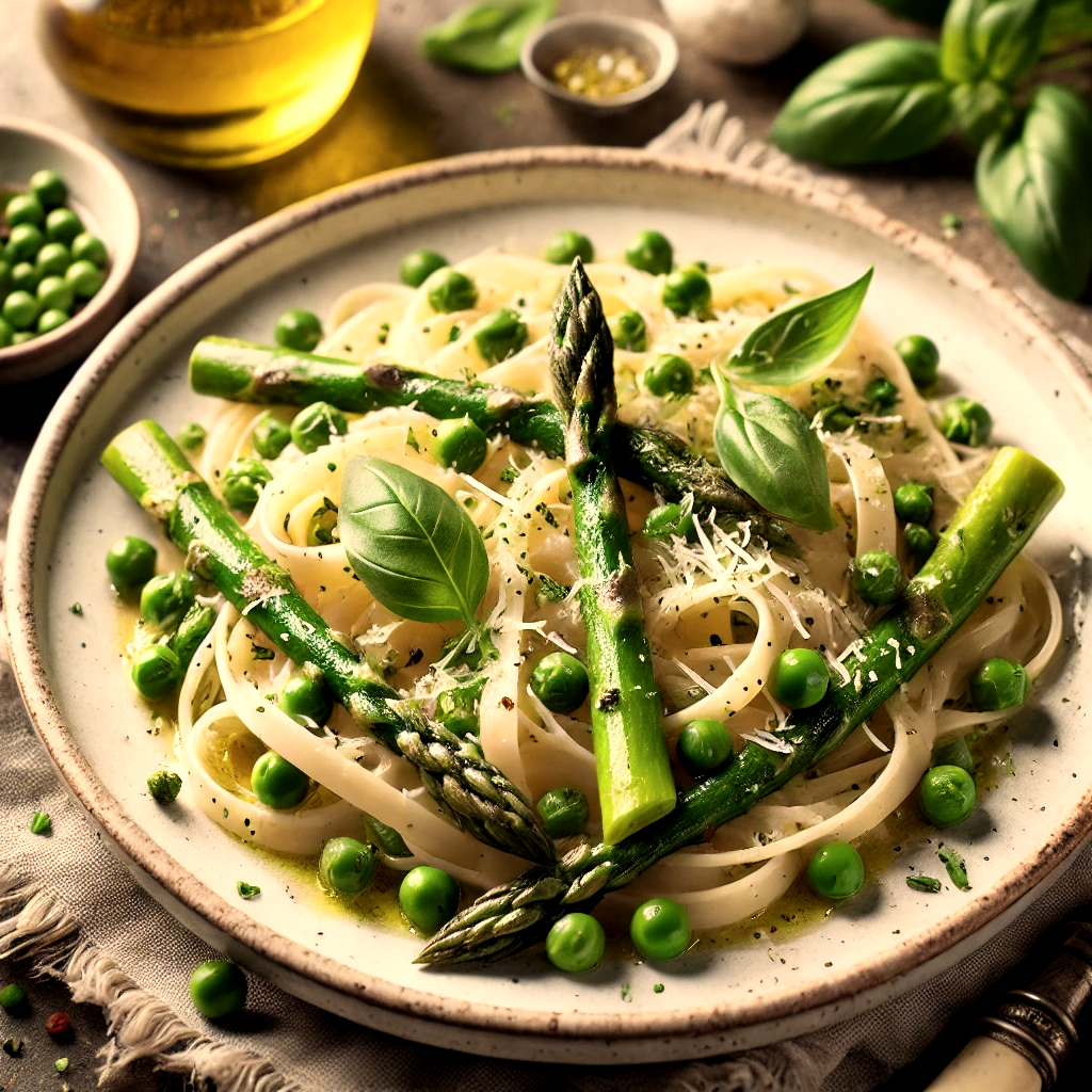 바질, 아스파라거스, 완두콩이 들어간 파스타
