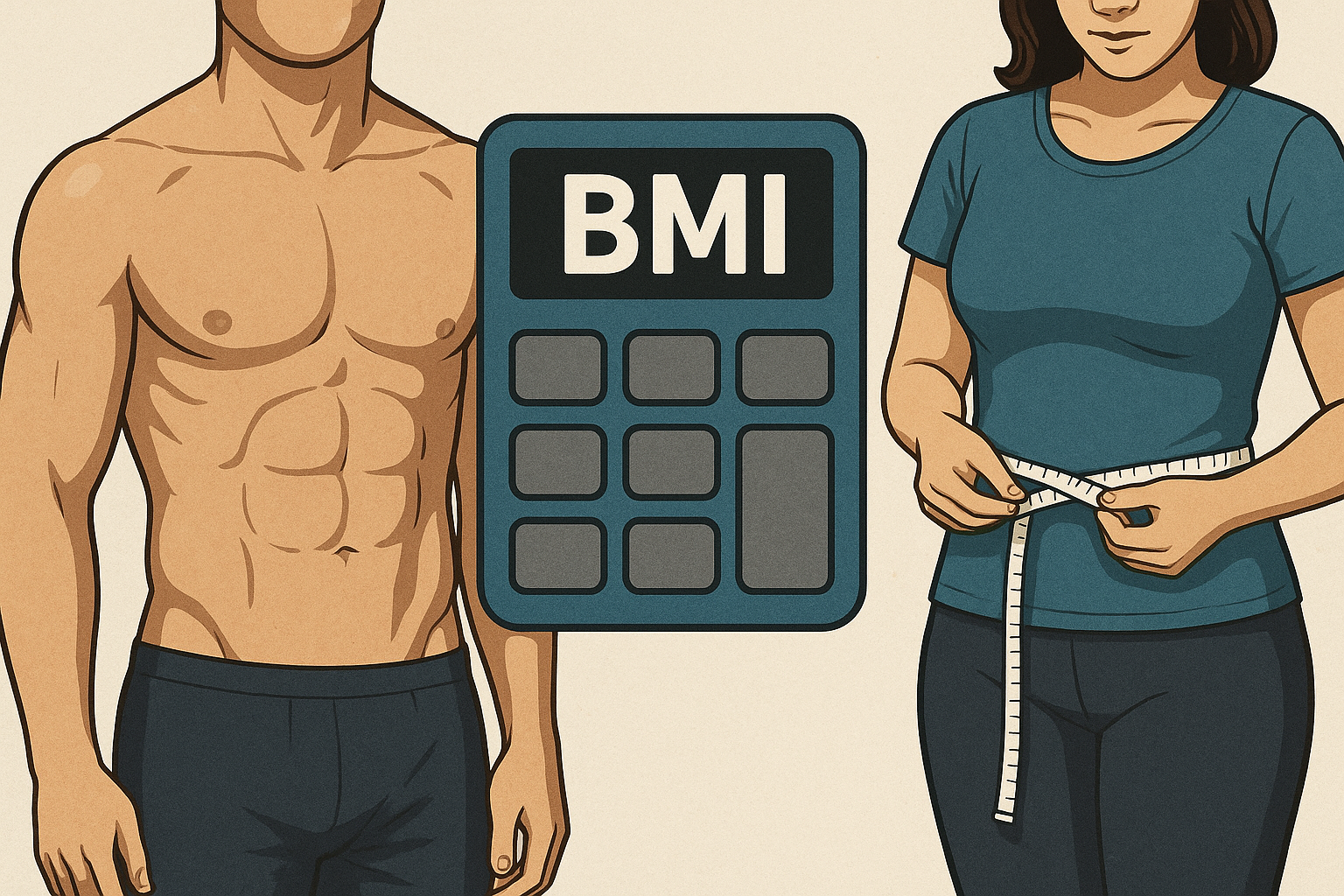 체성분 분석 기계, BMI, 옷을 입고 허리둘레를 측정하는 모습을 나란히 배치한 건강 진단 일러스트