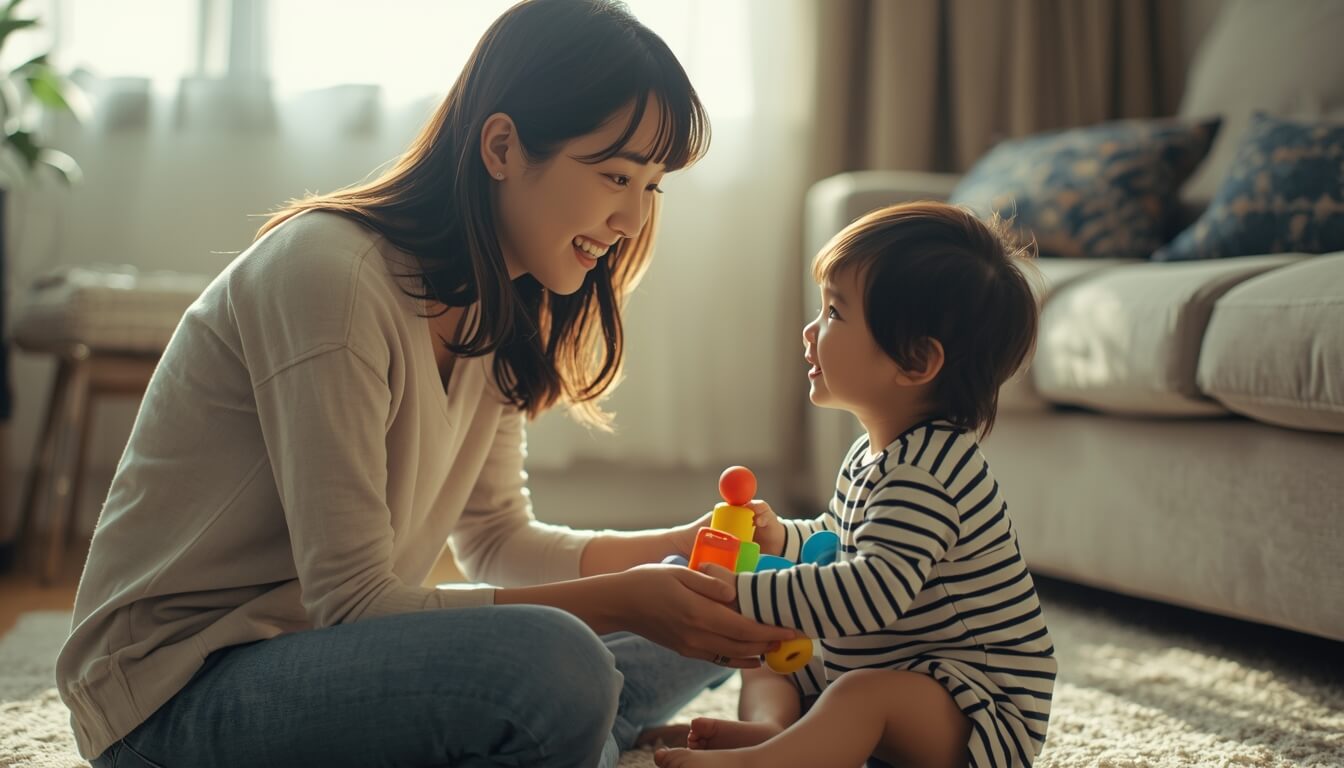 말이 늦은 아이와 눈을 맞추며 따뜻하게 소통하는 부모의 모습