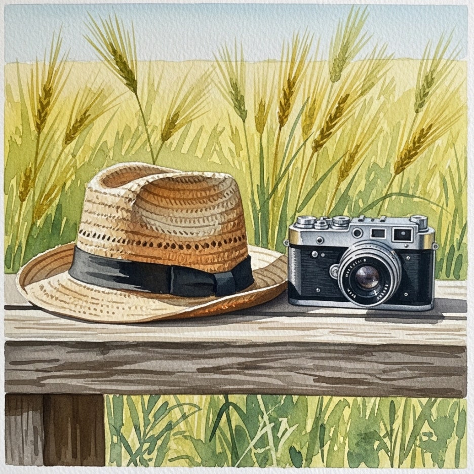 따뜻한 햇살 아래 놓인 모자와 카메라의 감성적인 모습