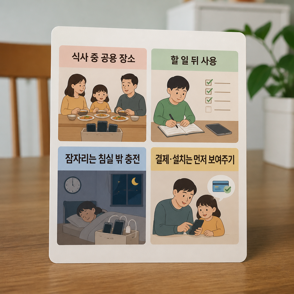 식사, 할 일, 잠자리, 결제 상황별 가족 스마트폰 규칙 카드