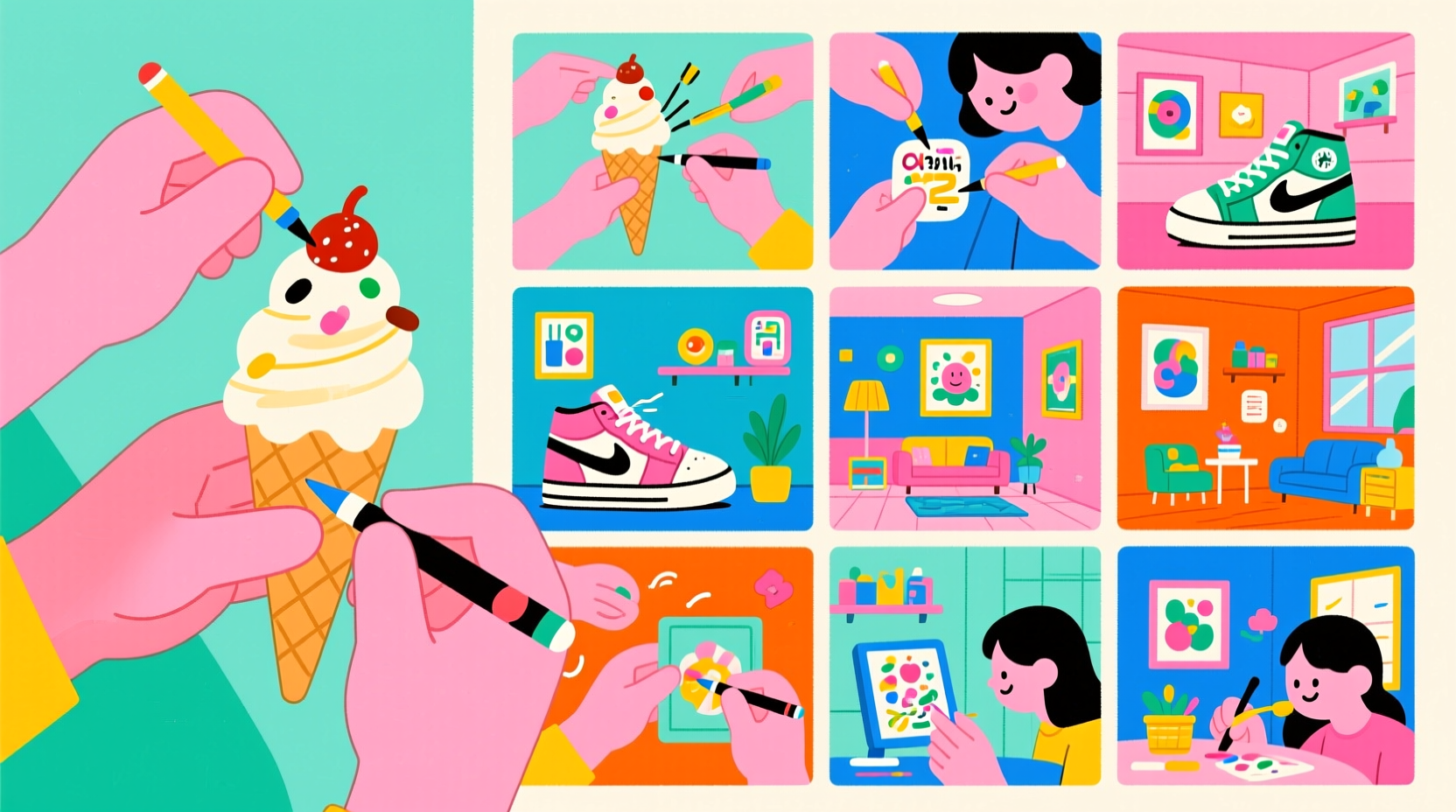 "다양한 제품을 커스터마이징하는 모습을 표현한 일러스트, 토핑경제 트렌드를 상징하는 개인화 소비"