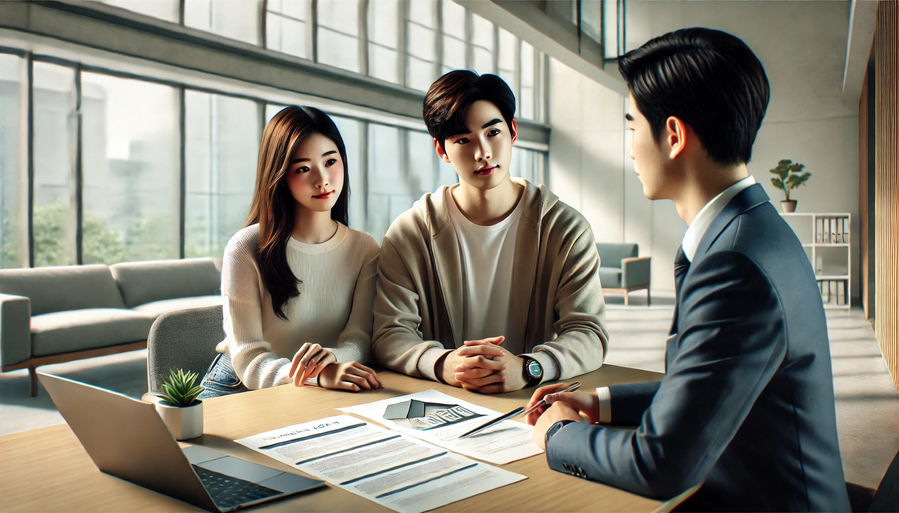 전세자금대출 상담을 받는 젊은 한국인 부부
