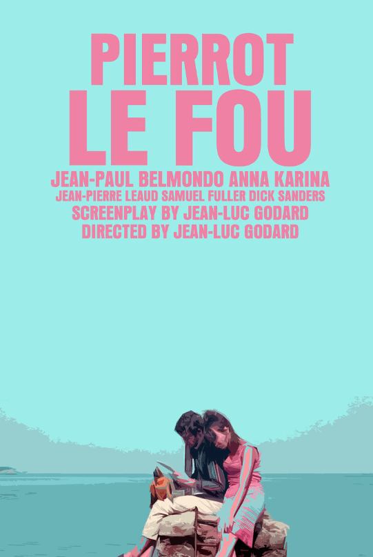 장뤽 고다르의 미치광이 삐에로 영화 포스터 에메랄드색 바탕에 핑크색으로 텍스트가 적혀져 있다.아래는 남자와 여자가 배낭 위에 올라가 앉아있다.
