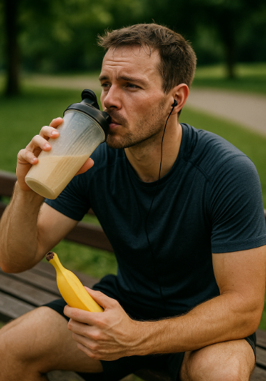 러닝 후 단백질 바나나 쉐이크 또는 회복식을 섭취하는 러너