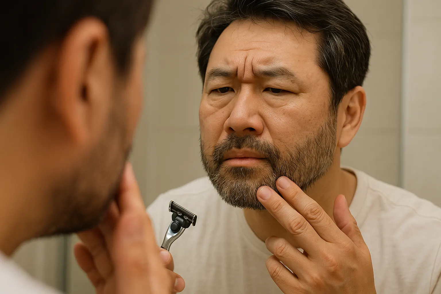 거울 앞에서 면도를 준비하며 굵은 수염을 살펴보는 중년 남성
