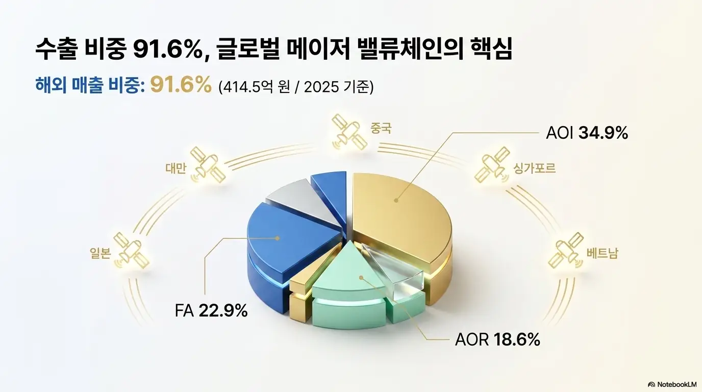 기가비스 주가 전망: 기가비스 제품별 매출 구성과 수출 비중을 나타낸 원형 차트 이미지. AOI 34.9%, FA 22.9%, AOR 18.6% 비중과 함께 해외 매출 비중 91.6%, 일본·대만·중국·싱가포르·베트남 거점이 표시됩니다. 글로벌 메이저 밸류체인의 핵심 공급사임을 설명합니다.