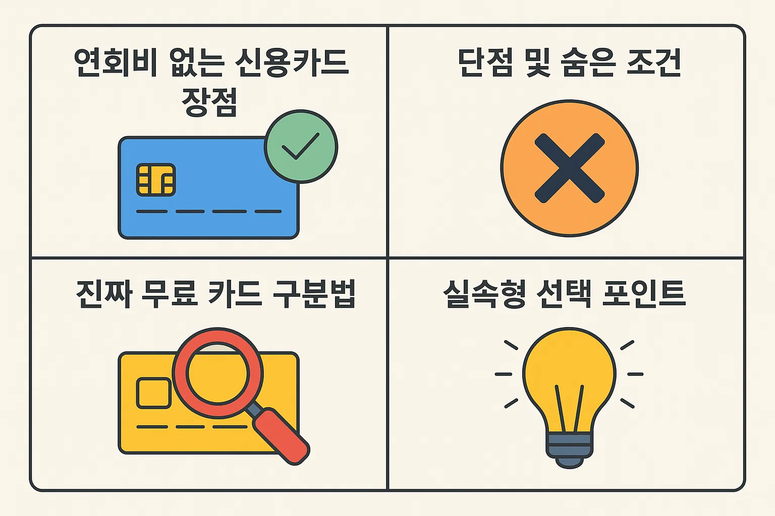 연회비 없는 신용카드의 장점, 단점, 숨은 조건, 선택 포인트를 한눈에 볼 수 있는 인포그래픽