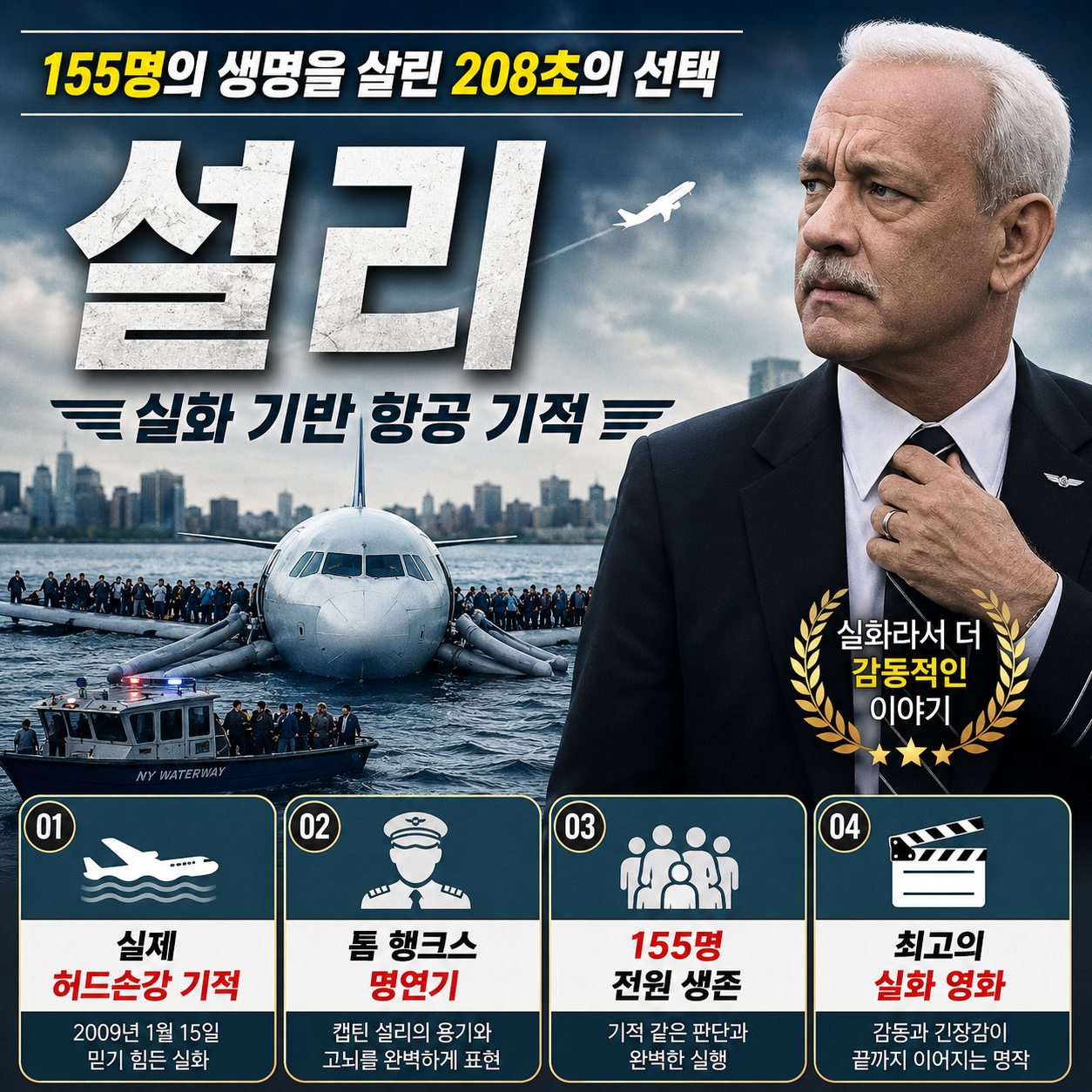 설리: 허드슨강의 기적 리뷰_155명의 생명을 살린 208초의 침착한 선택