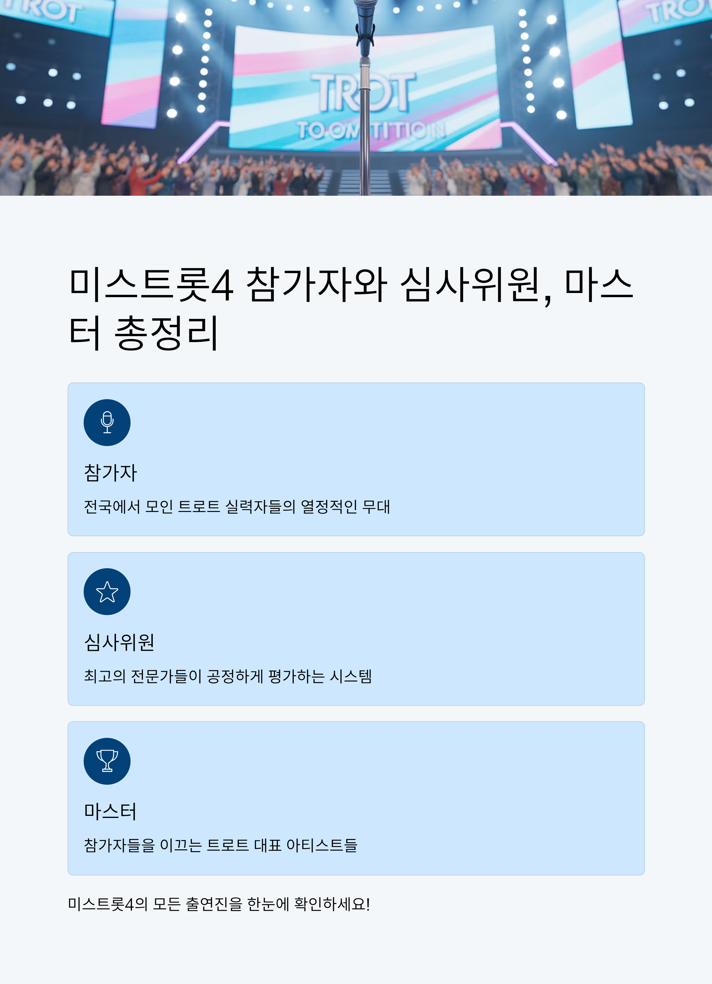 미스트롯4 참가자와 심사위원, 마스터 총정리