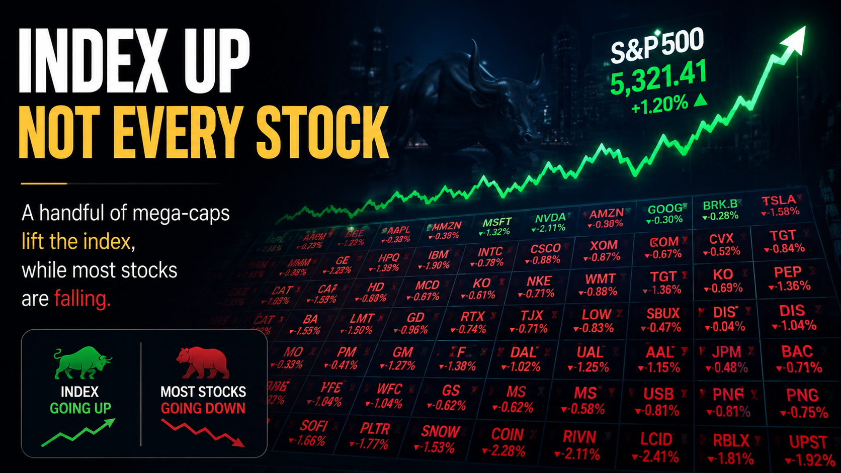 Stock market illustration showing a rising index with most individual stocks declining, representing weak market breadth.