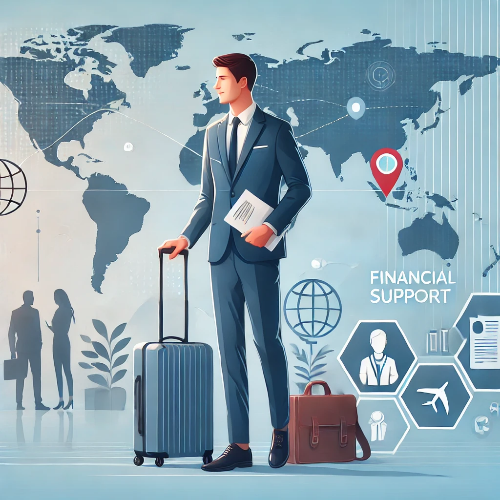 해외취업정착지원금을 통해 해외로 이주 준비 중인 젊은 직장인, 짐과 서류를 들고 자신감 있는 모습